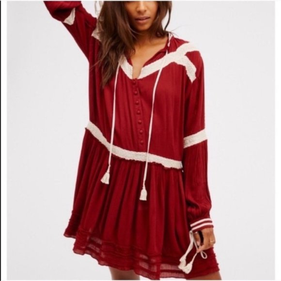 Free People Dresses & Skirts - Free People Long Sleeve Crochet Flowy Dress Red